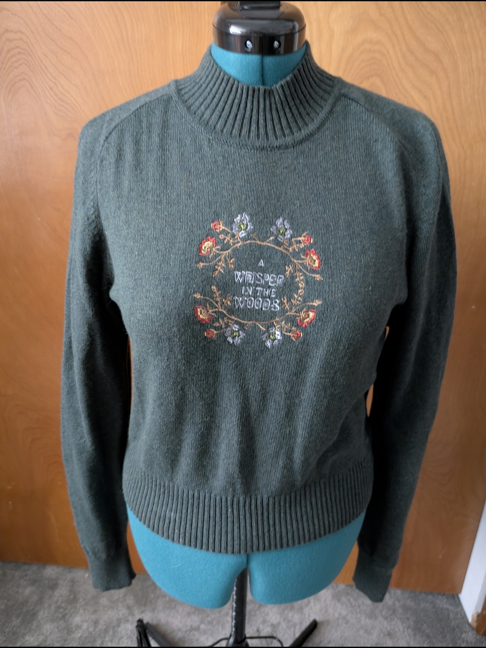 Disturbia Forest Green Floral Embroidered Mock Neck Sweater
